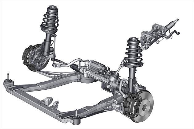 An der Vorderachse gibt es die üblichen McPherson-Federbeine und als Besonderheit einen entkoppelten Hilfsrahmen, der an vier Stellen mit der Karosserie verbunden ist