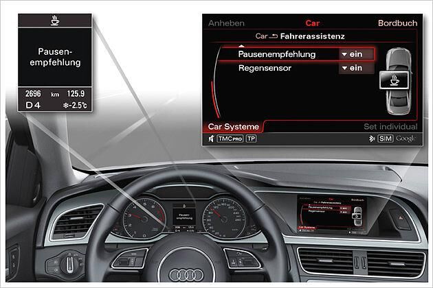 Die Pausenempfehlung analysiert mittels verschiedener Sensoren das Fahrverhalten und empfiehlt dem Fahrer, wann er eine Pause einlegen sollte