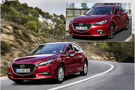 Vergleich alt (kleines Bild) gegen neu: Das Mazda-Logo ist nun komplett im Grill und die Leuchten im Stoßfänger ändern sich