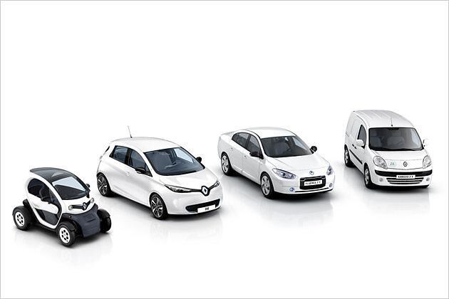 Kein anderer Hersteller hat solch eine Elektroauto-Auswahl wie Renault: Twizy, Zoe, Fluence Z.E. und Kangoo Z.E. (von links)