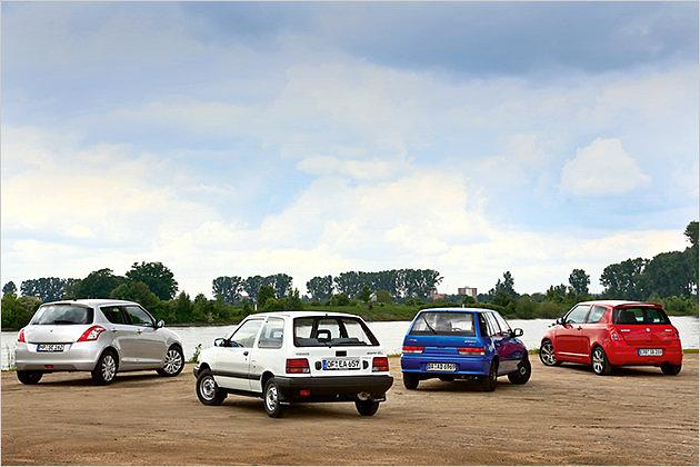 Wog der Ur-Swift (2. von links) noch 680 Kilogramm, sind es heute deren 400 mehr