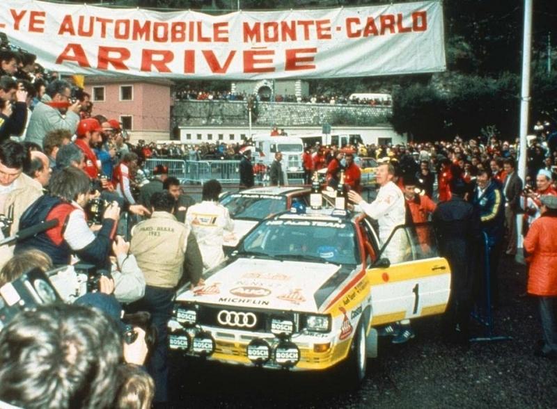 Walter Röhrl und Christian Geistdörfer im Audi bei der Monte 1984.