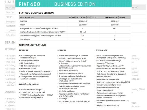 Fiat 600 Fiat 600 REGION HAMBURG🚀Business Edition inkl. ALLWETTERREIFEN–🔥SOFORT VERFÜGBAR  MEGA-DEAL! 🔥