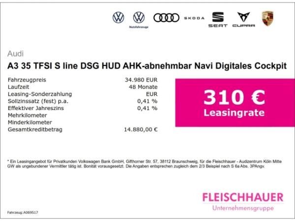 Audi A3 35 TFSI S line DSG HUD AHK-abnehmbar Navi Digitales Cockpit Soundsystem LED