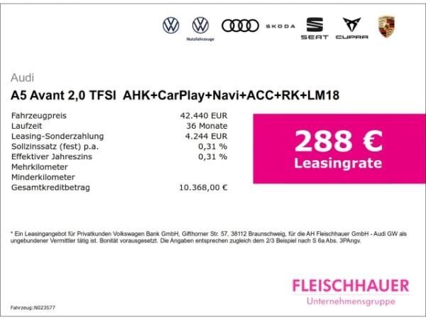 Audi A5 Avant 2,0 TFSI  AHK+CarPlay+Navi+ACC+RK+LM18