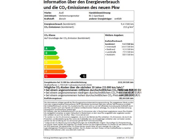 Audi RS3 RS 3 Sportback PanoDach, V-max Aufhebung 280km/h, Exterieurumfänge Carbon/Schwarz glänzent