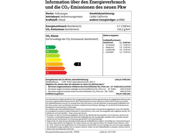 Volkswagen Caddy California 5-Sitzer 1.5 l TSI 6-Gang Schaltgetriebe