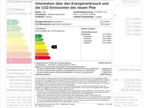 Kia Picanto Vision KLIMA NAVI ALU BLUETOOTH USB SITZHEIZUNG DAB RÜCKFAHRKAMERA LANE ASSIST LENKRADHEIZUNG