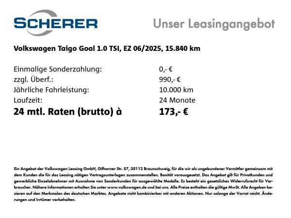 Volkswagen Taigo GOAL 1.0 TSI NAVI CARPLAY SHZ ACC GJR