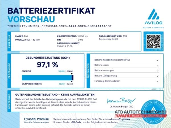 Fiat 500e 42kWh Komfortpaket 97,1 % SOH Apple CarPlay