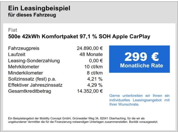Fiat 500e 42kWh Komfortpaket 97,1 % SOH Apple CarPlay